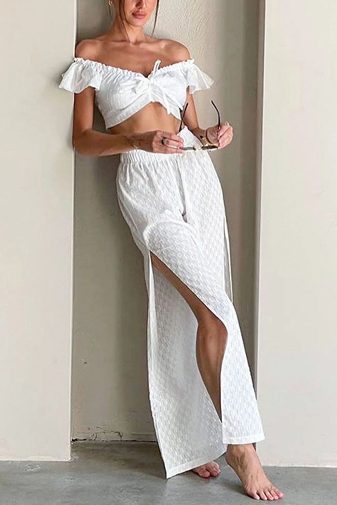 Maxct Cotton Ruffle Sleeve Slit Pants Suits