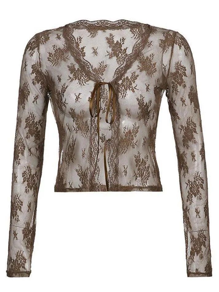 Maxct Open Front Lace Long Sleeve Crop Blouse