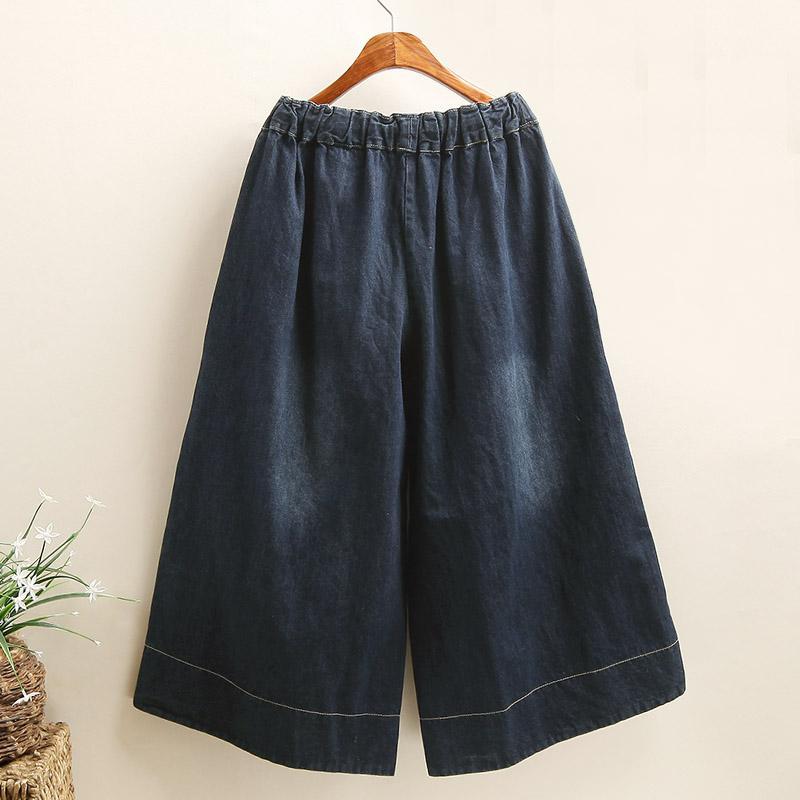 Maxct Women Retro Embroidered Denim Wide-Leg Pants