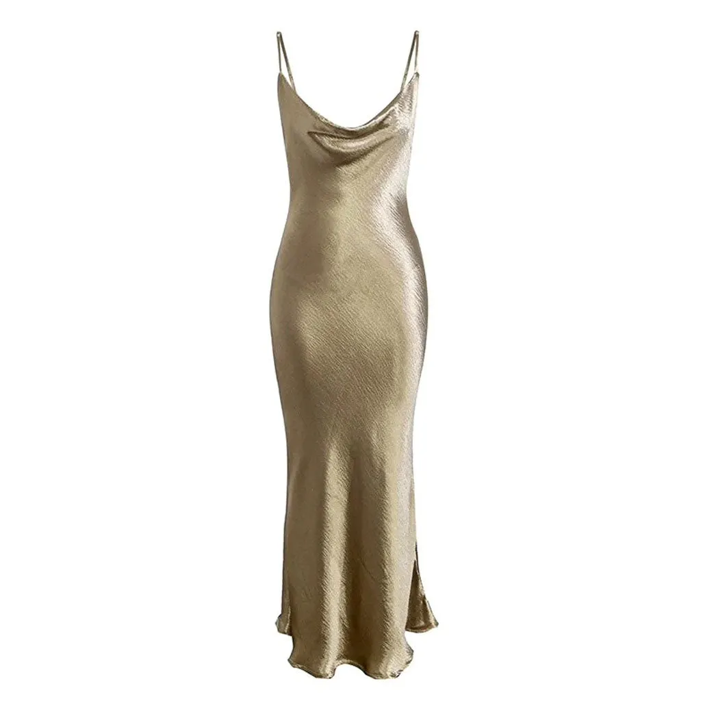 Classy Cowl Neck Tie String Silky Slip Maxi Dress - Champagne Maxct