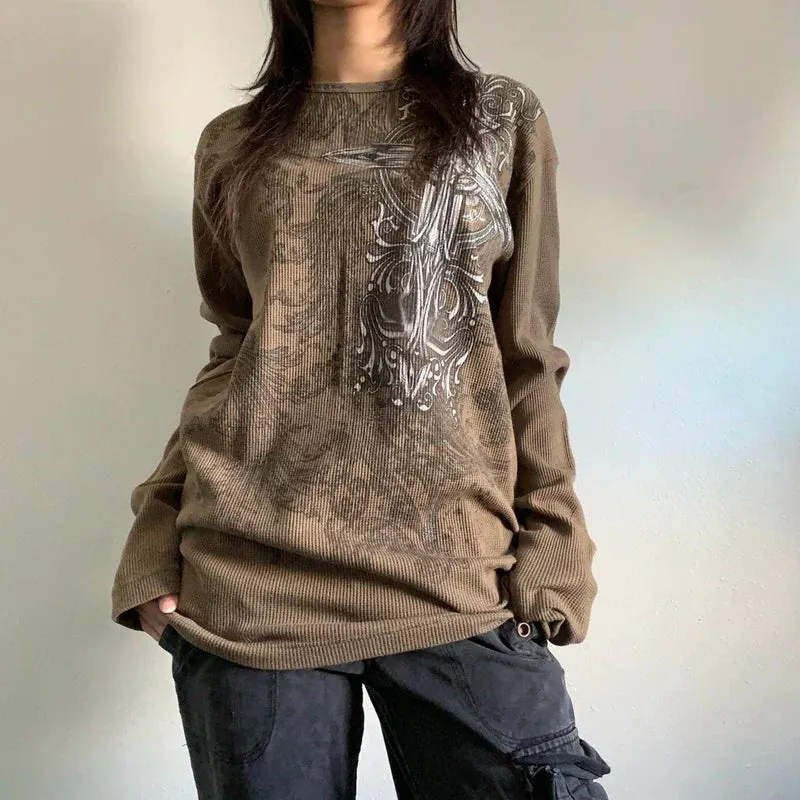 Maxct Mall Goth 2000s Retro Pullovers Tops Vintage Graphics Y2K Loose T Shirt Chic Aesthetic Autumn Long Sleeve Tees Grunge Streetwear