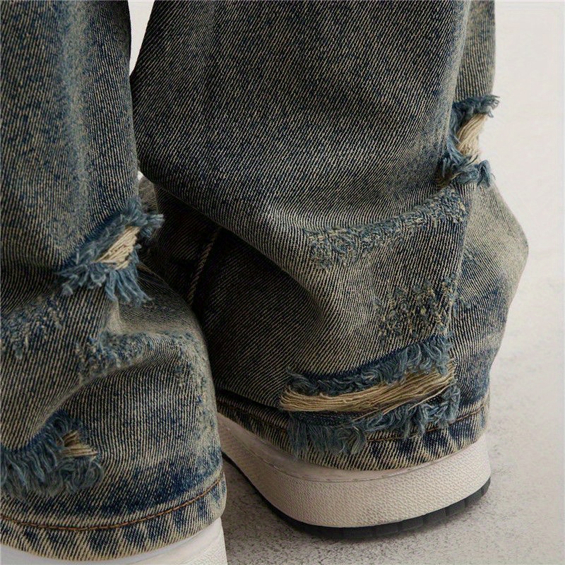 Baggy Ripped Cotton Jeans, Men's Casual Street Style Distressed Denim Pants For Spring Summer