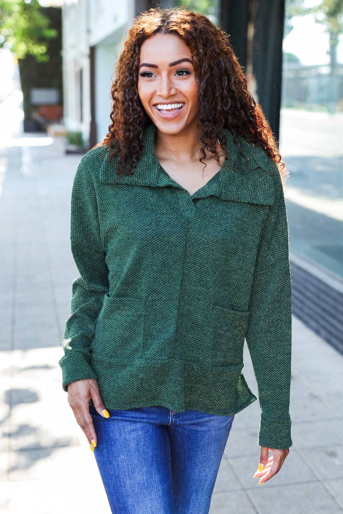 Maxct &Easy Living Olive Textured Knit Notch Neck Oversized Collar Sweater