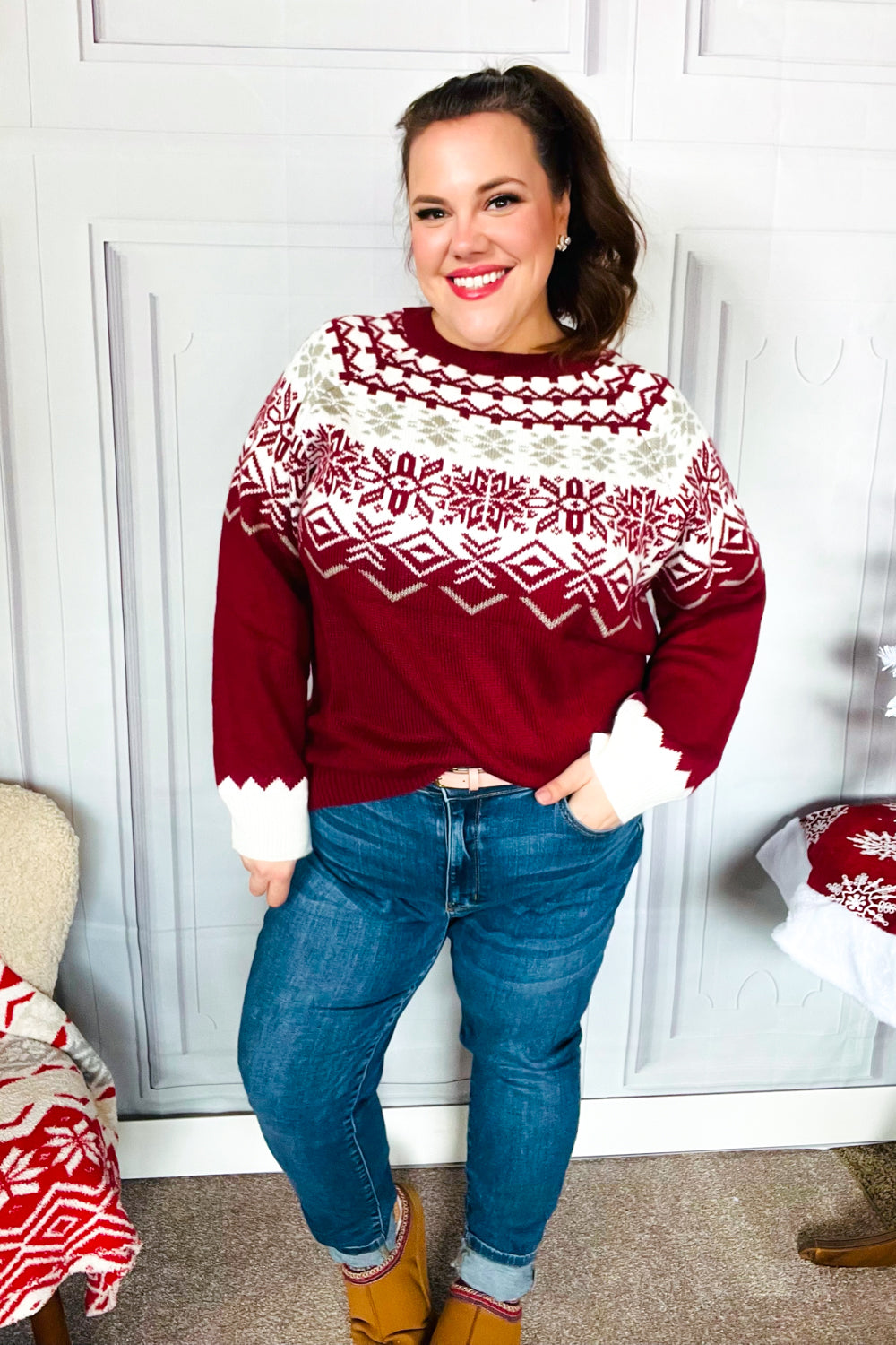 Maxct &Merry Christmas Merlot Snowflake Oversized Sweater Top