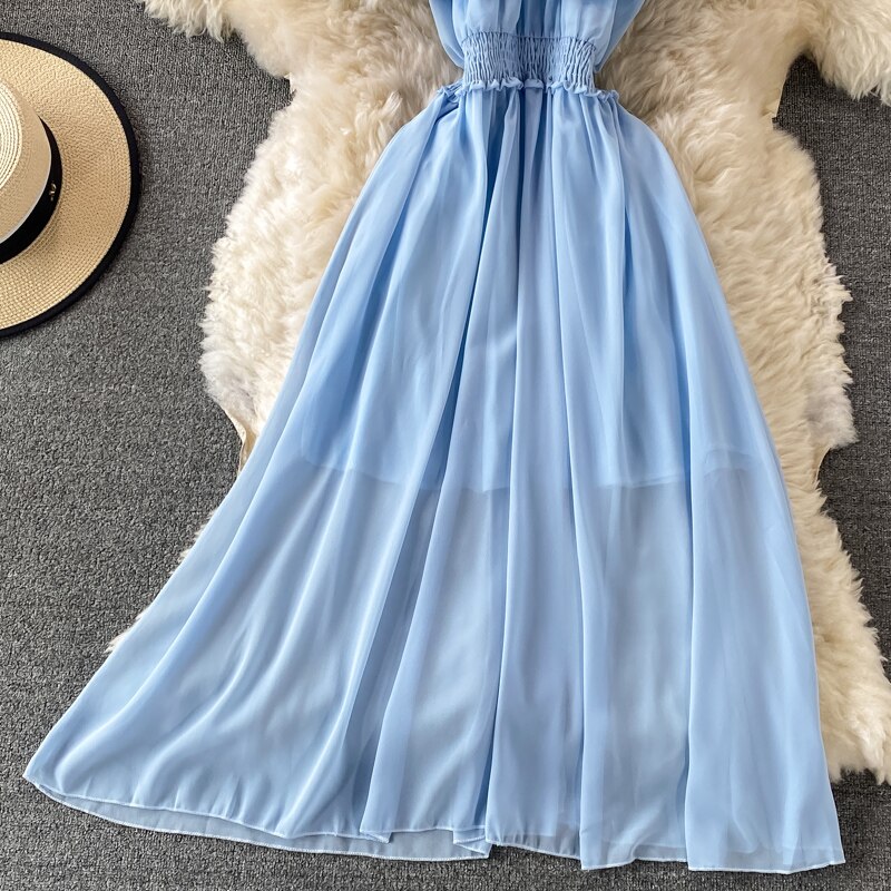 Chiffon Dress Women Sexy Slash Neck Ruffle Robe Elegant Ruffle High Waist Vestidos Female Beach Vacation New