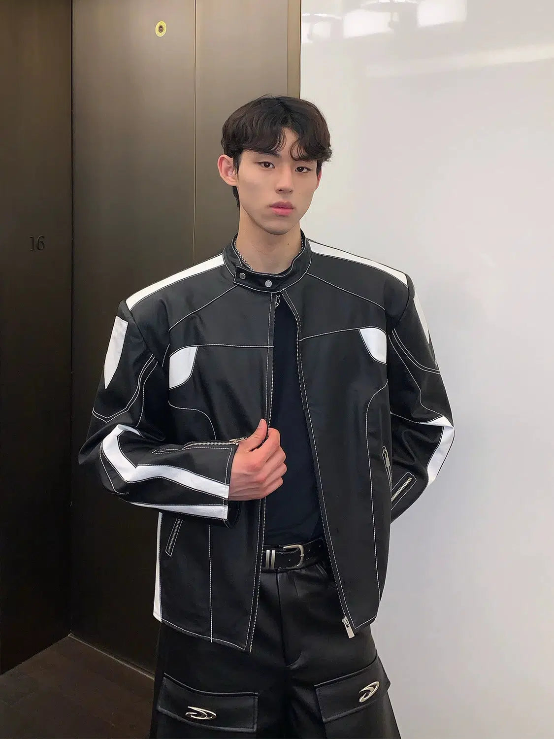 Maxct Contrast Color Leather Jacket with Shoulder Pads
