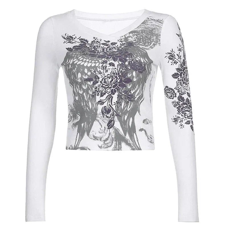 Maxct Graphics Print Y2K Retro T Shirt Indie Aesthetics Mall Goth Sweats Tees Autumn Spring Long Sleeve Crop Tops 90s Vintage Grunge