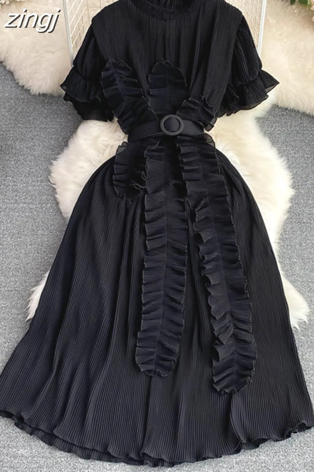 Maxct Women Pleated Midi Dress Purple/Red/White Stand Collar Short Flare Sleeve High Waist A-Line Ruffle Party Vestidos Female