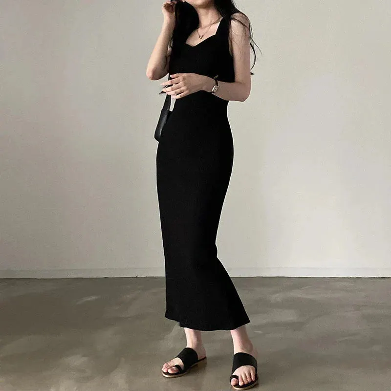 Basic Knit Long Dress Korean Square Collar Sleeveless Dresses Casual Y2k Vintage All-match Outftis Maxct