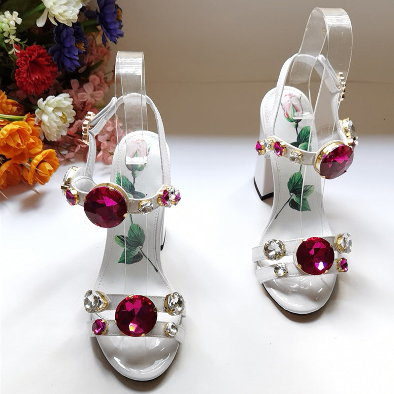White Fish Mouth Gemstone Thick Heel Sandals Maxct