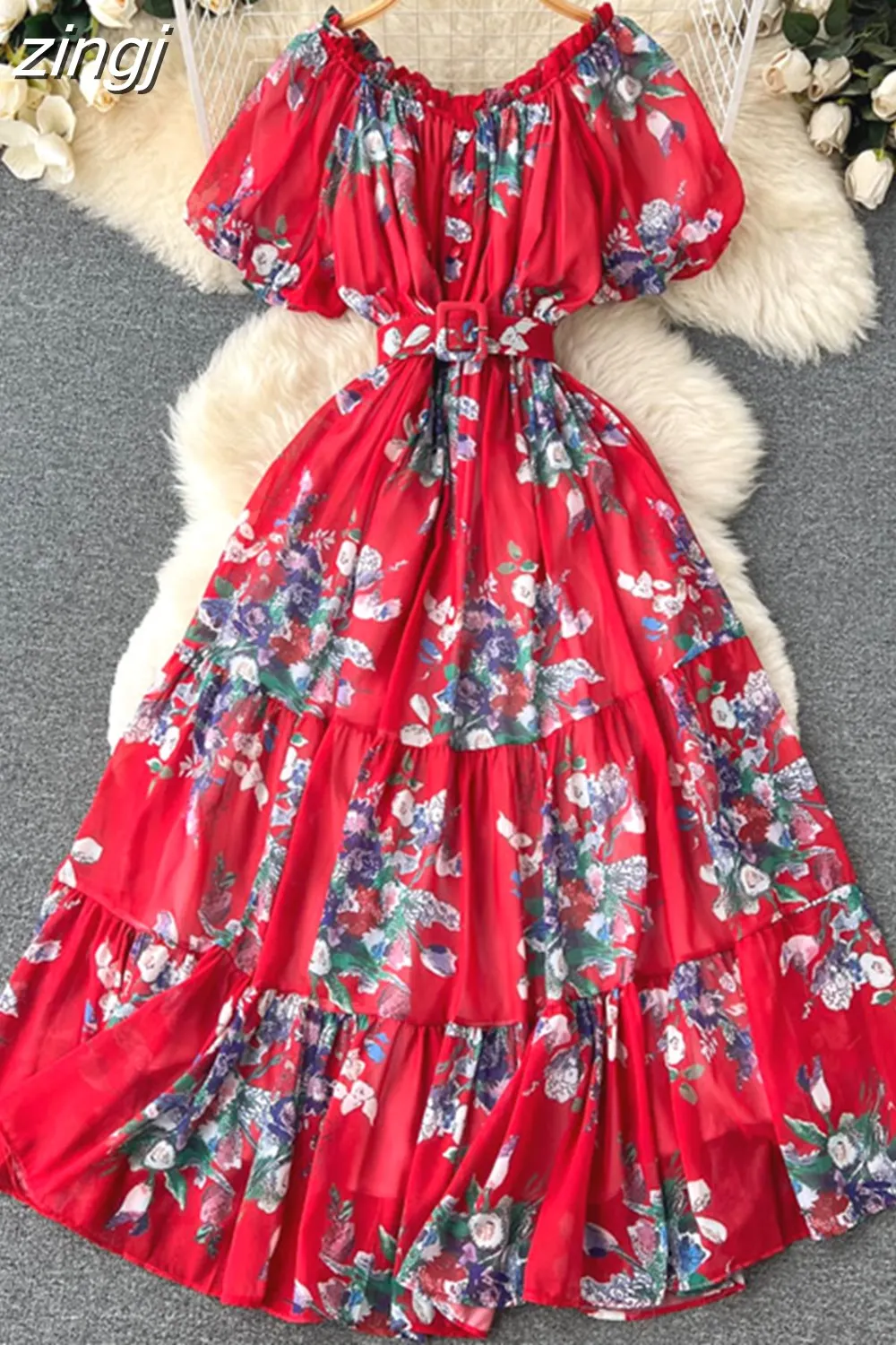 Maxct Bohemian Floral Chiffon Long Dress Women Sexy Off Shoulder Ruffle Puff Short Sleeve High Waist A-Line Big Swing Vestidos