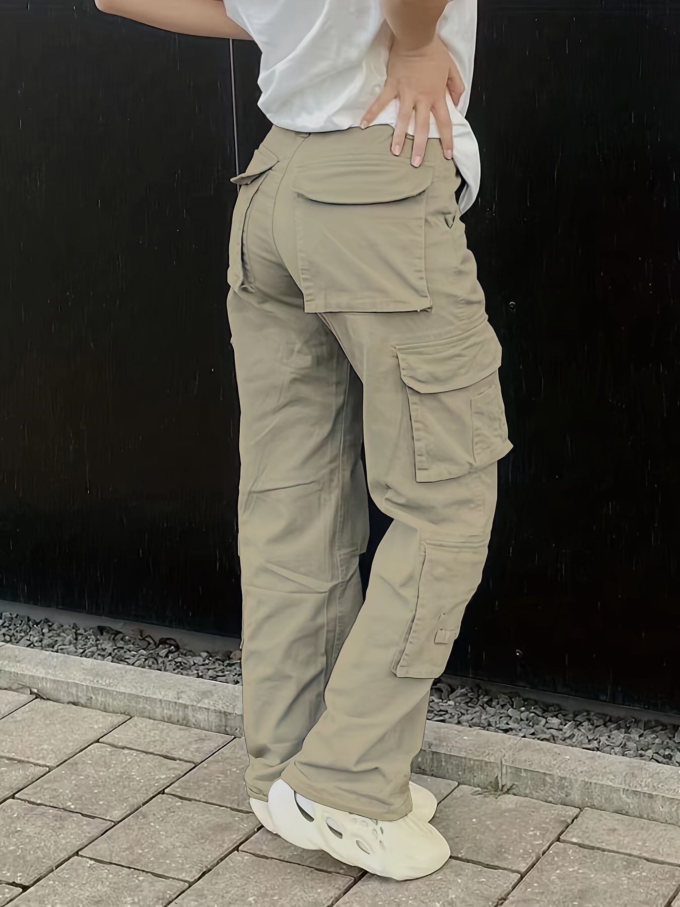 Plain High Rise Cargo Denim Pants, Loose Solid Color Retro Cargo Jeans, Street Casual Style, Women's Denim Jeans & Clothing