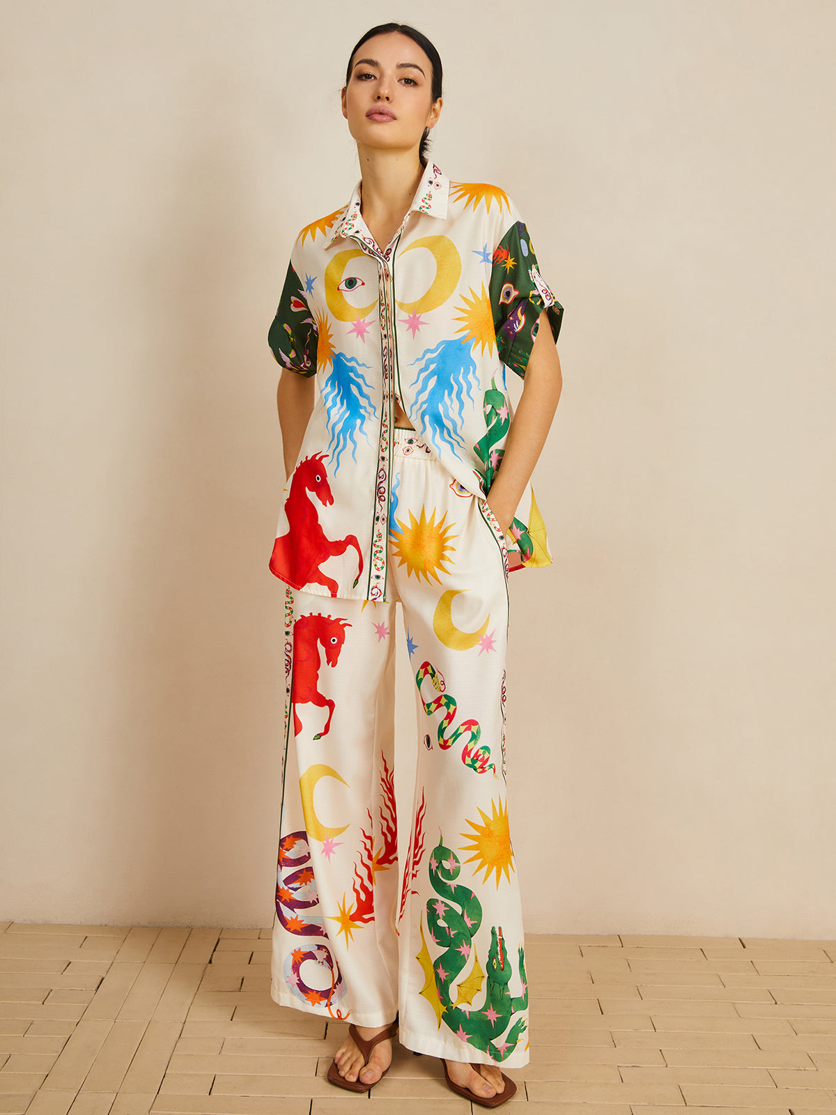 Maxct Casual Shift Linen Blend Style Print Pants Set