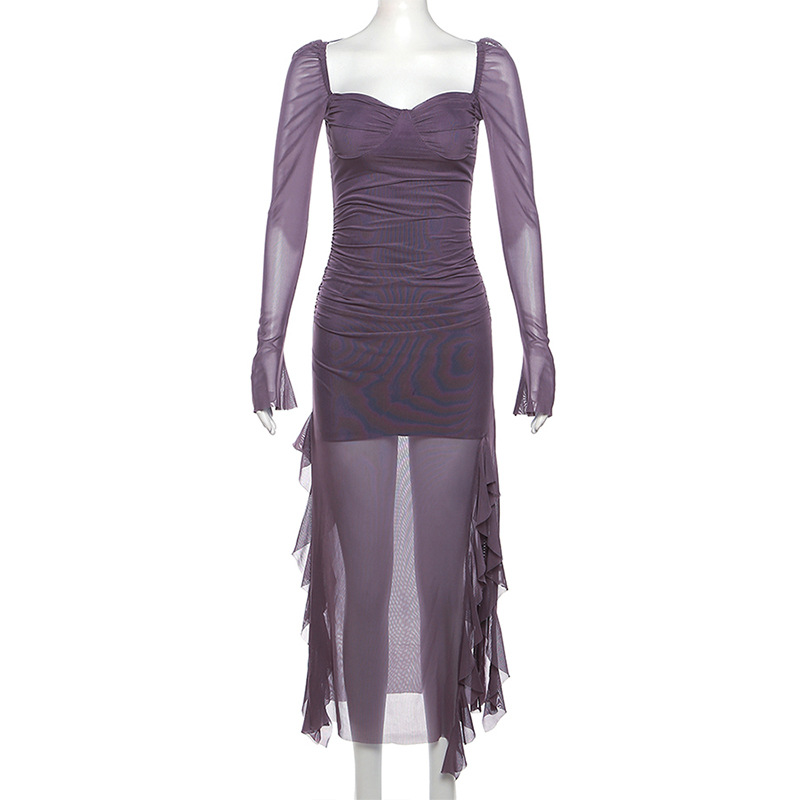 Y2k Gentle Temperament Ruffled Square Collar Slit Dress FeCross-Border Solid Color Long Sleeve Strap Wrapped Hip Long Dress
