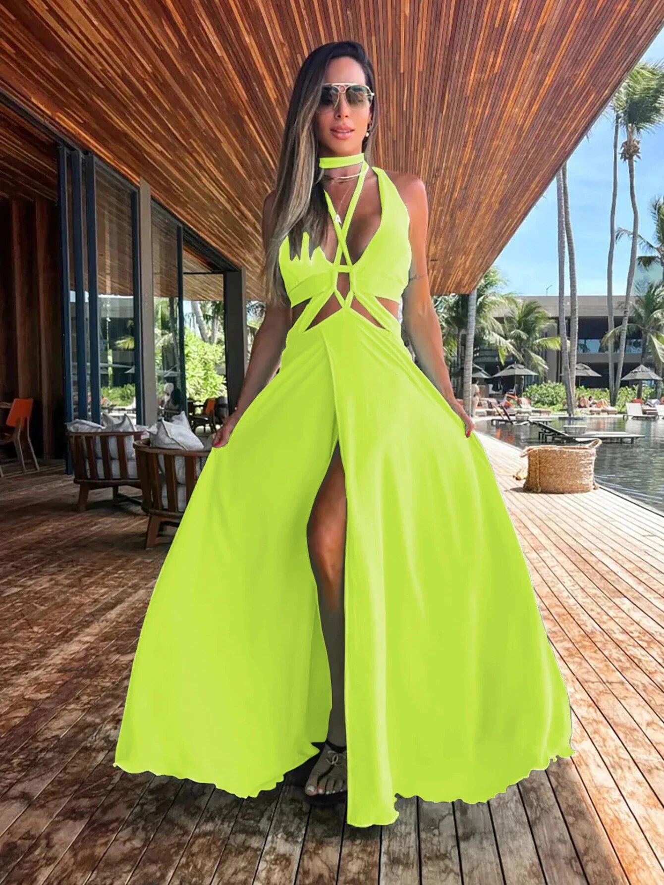 Maxct Women Halter Neck Tie Backless Beachwear Green Cover Up Party Ladies Dresses Casual Summer Clothing Fashion Long Dress