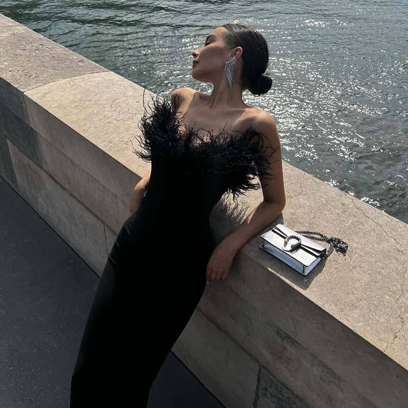 Maxct High-end Trendy Niche Designer Evening Dress Autumn And Winter Women's Clothing Trend Ostrich Hair Gowns Bandage Dress Women