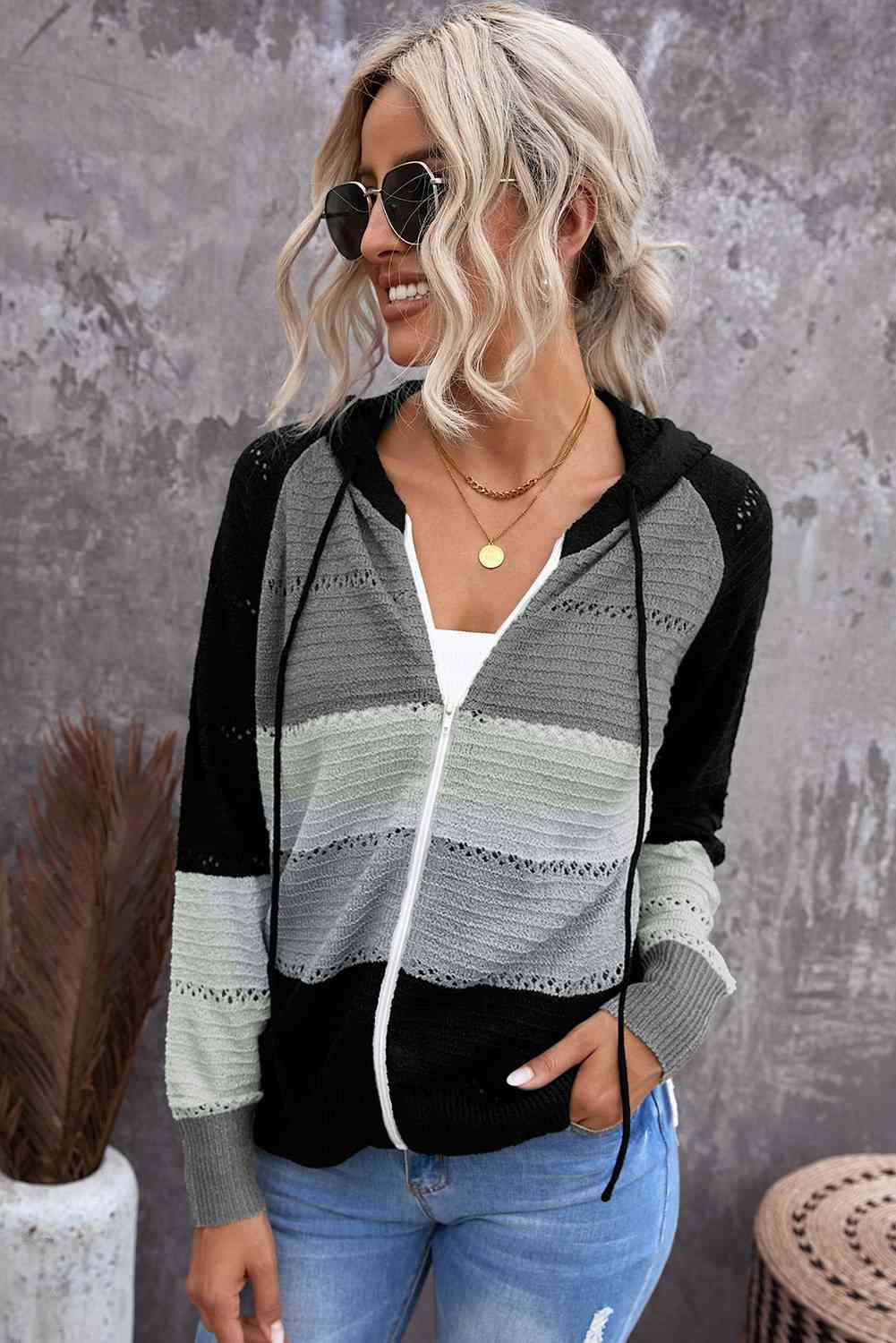 Maxct &Zip-Up Raglan Sleeve Openwork Hooded Cardigan - Image 12