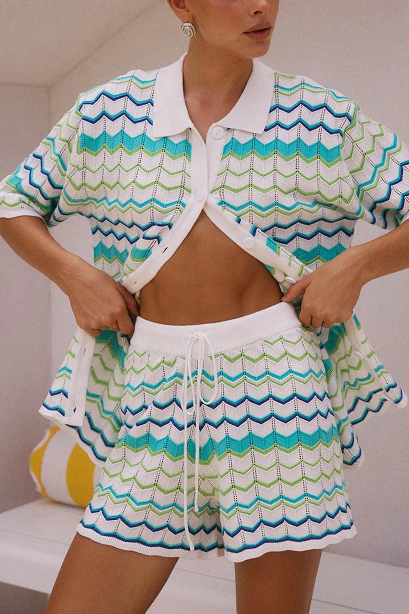 Maxct Contrast Striped Knit Cardigan Shorts Set