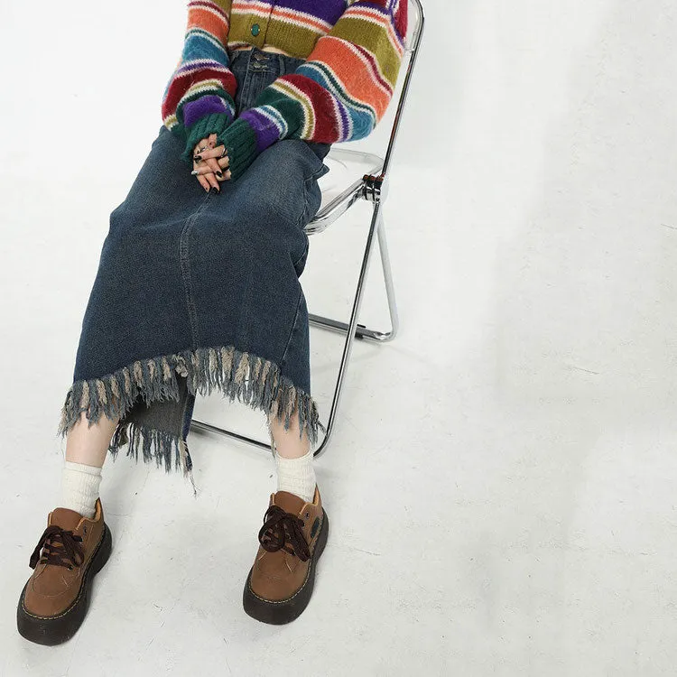 Aesthetic Long Denim Fringe Skirt Maxct