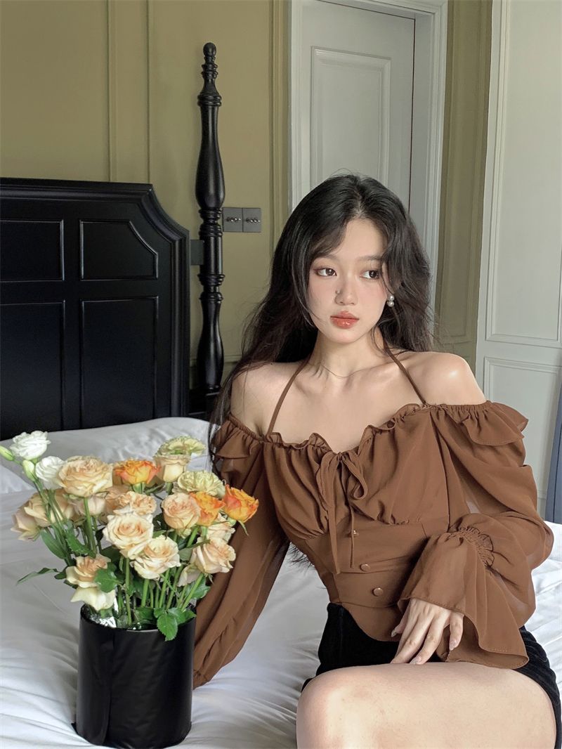 Shirts Blouses Spring Autumn Halter Off Shoulder Ruffles Patchwork Blusa Feminina Vintage Elegant Sexy Camisas De Mujer