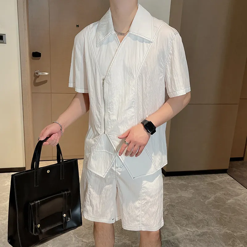 Maxct Summer Topstitched Zip Shirt Shorts Set