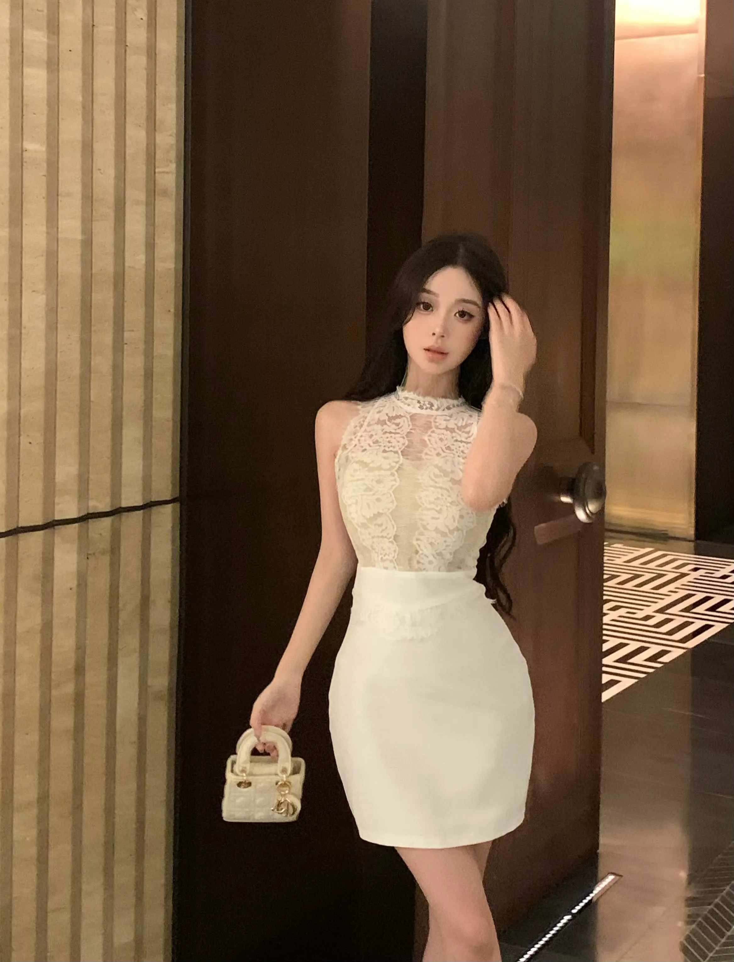 Maxct Spicy Girl Lace Stitching Dress Women Summer White Temperament Waist Sleeveless Wrap Hip Short Dress Fashion Lady Clothes