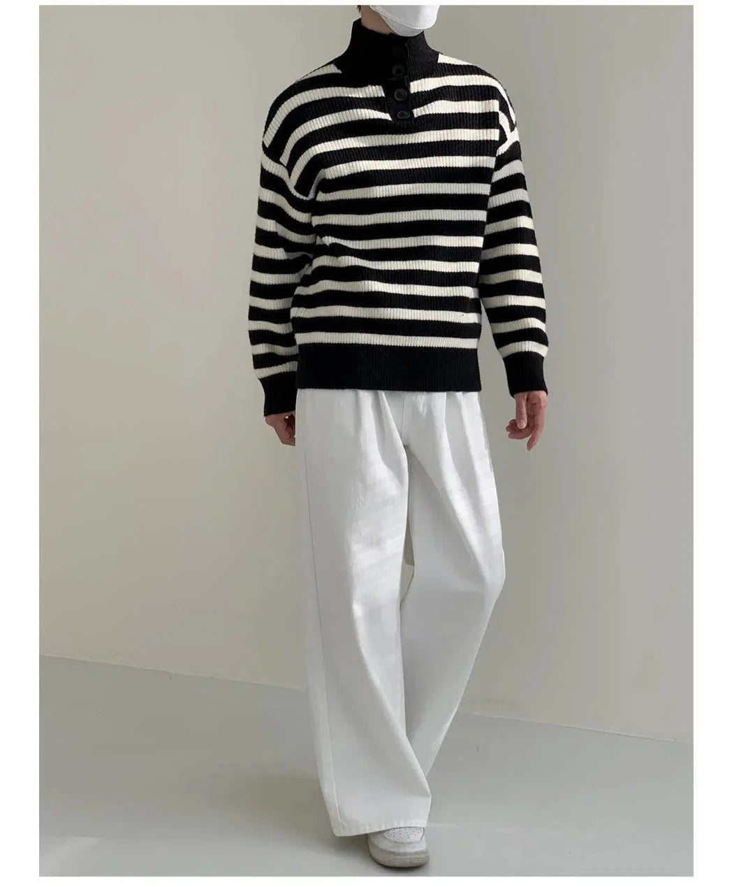 Maxct Button Stand Collar Striped Sweater