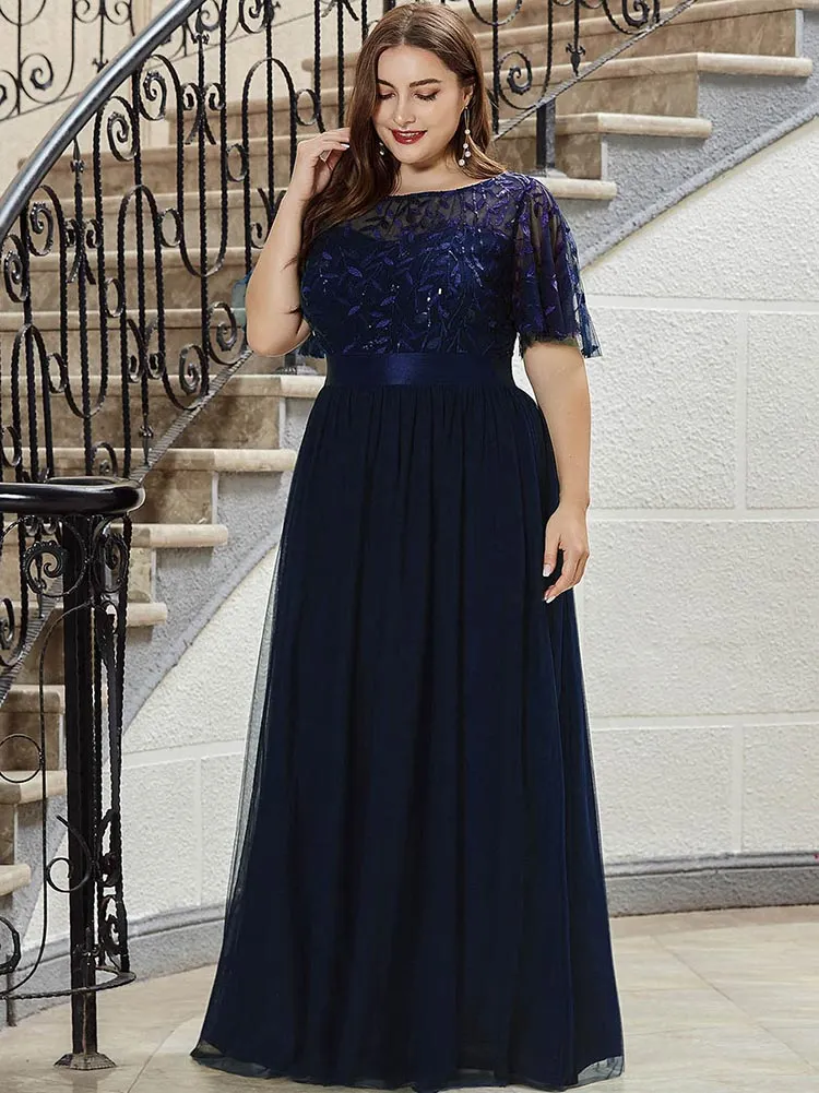 Leaf Sequin Bodice Mesh Party Dress Maxct
