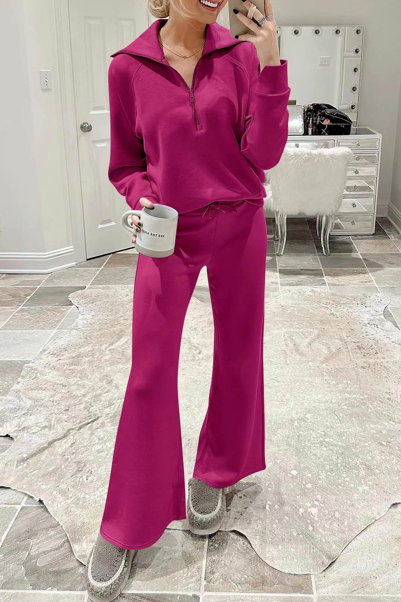 Maxct Lapel Zip-up Sweatshirt Wide Leg Long Pants Set