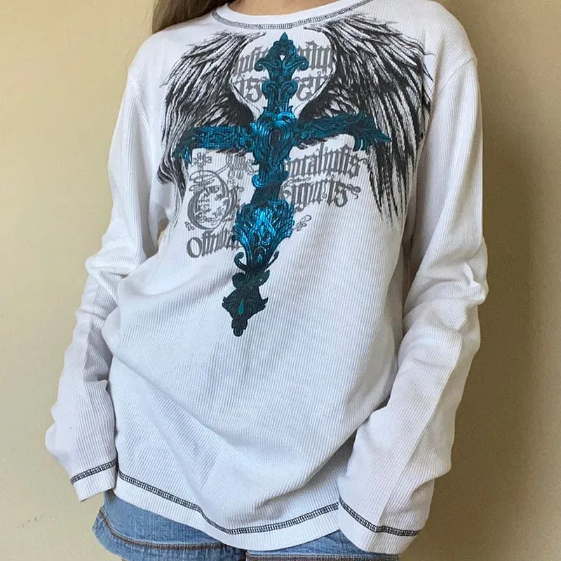 Maxct Mall Goth 2000s Retro Pullovers Tops Vintage Graphics Y2K Loose T Shirt Chic Aesthetic Autumn Long Sleeve Tees Grunge Streetwear