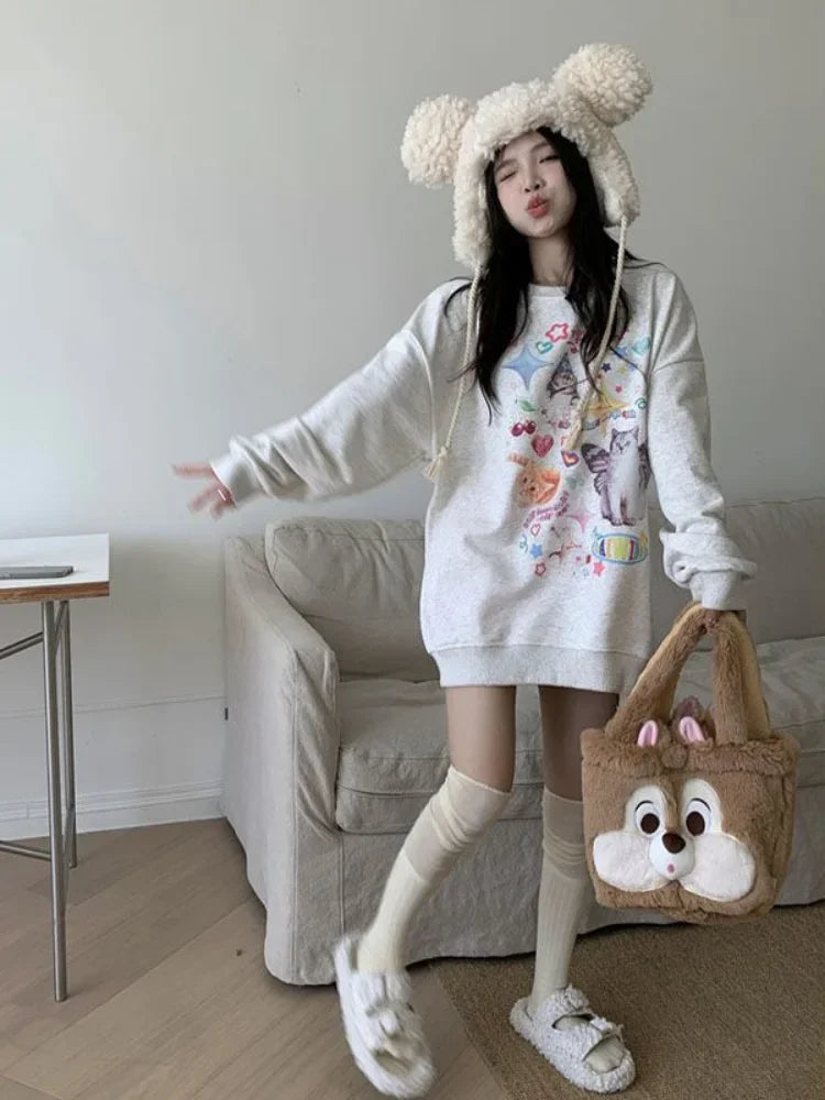 Maxct Kawaii Cat Print Hoodie Women Cutecore Long Sleeve Sweatshirt American Retro E-girl Kitten Angel Graphic Alt Clothes Y2k