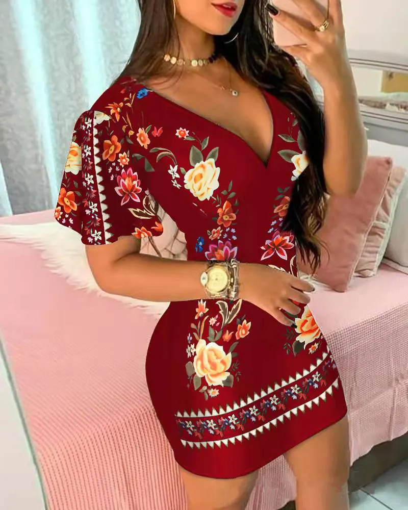 Women's Elegant Dress Vintage Floral Print Ruffles Bodycon Dress for Party Cocktails Casual Mini Dress Vacation Dress