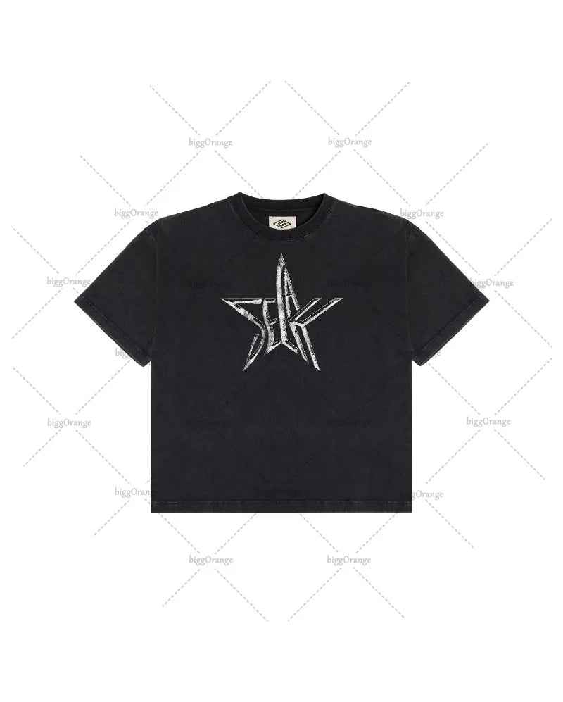 Maxct Y2k Harajuku round neck T-shirt fashion printed street top summer American high street oversized loose cotton men short sleeves