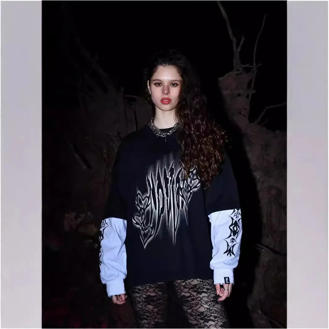Maxct Y2k Long Sleeved T-Shirt Oversized Sweatshirt Vintage Anime Striped Printed Pattern Clothes Streetwear Hip-Hop Rap Gothic Style