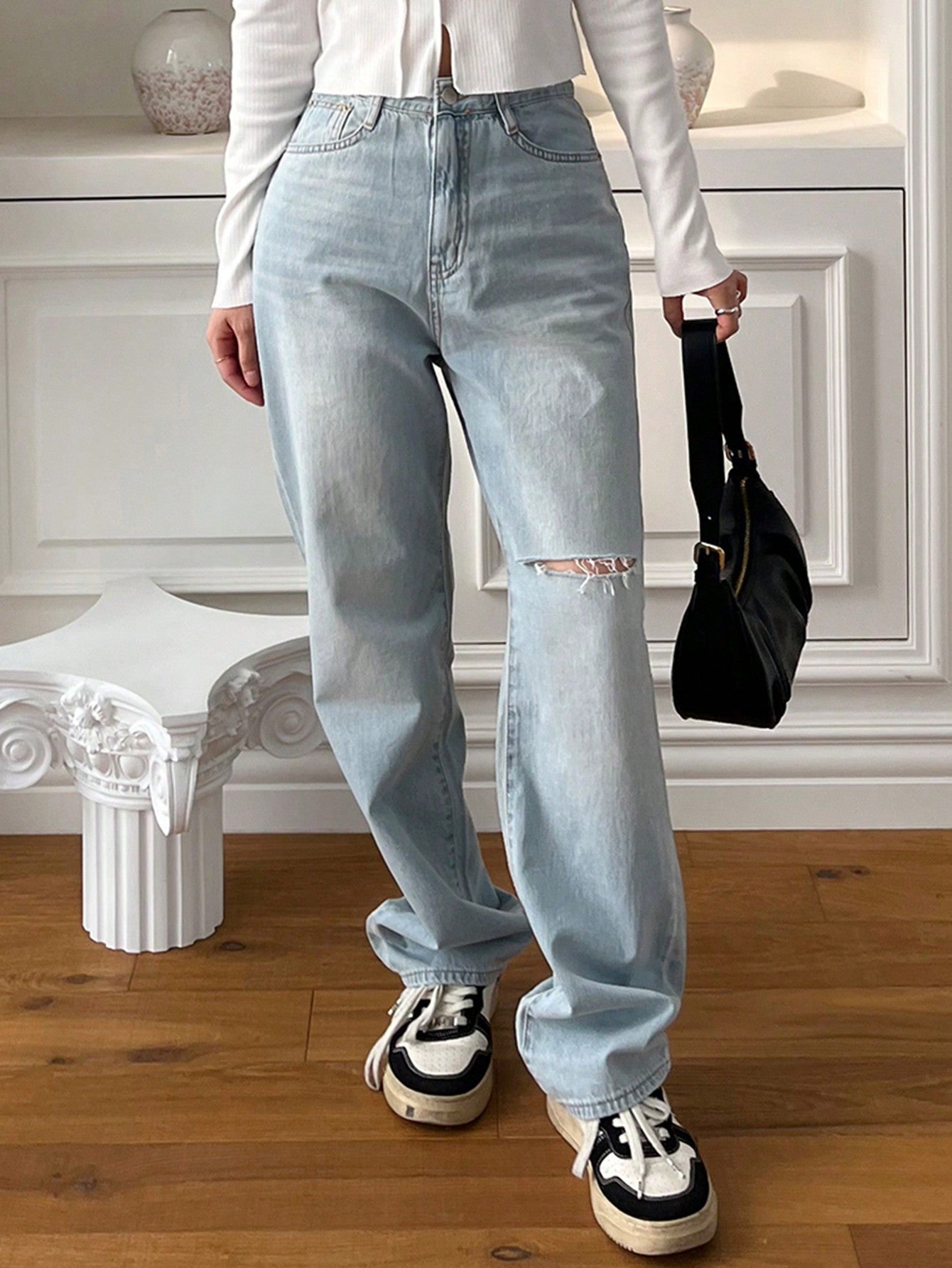 Maxct Ladies Solid Color Simple Style Denim Pants Trousers