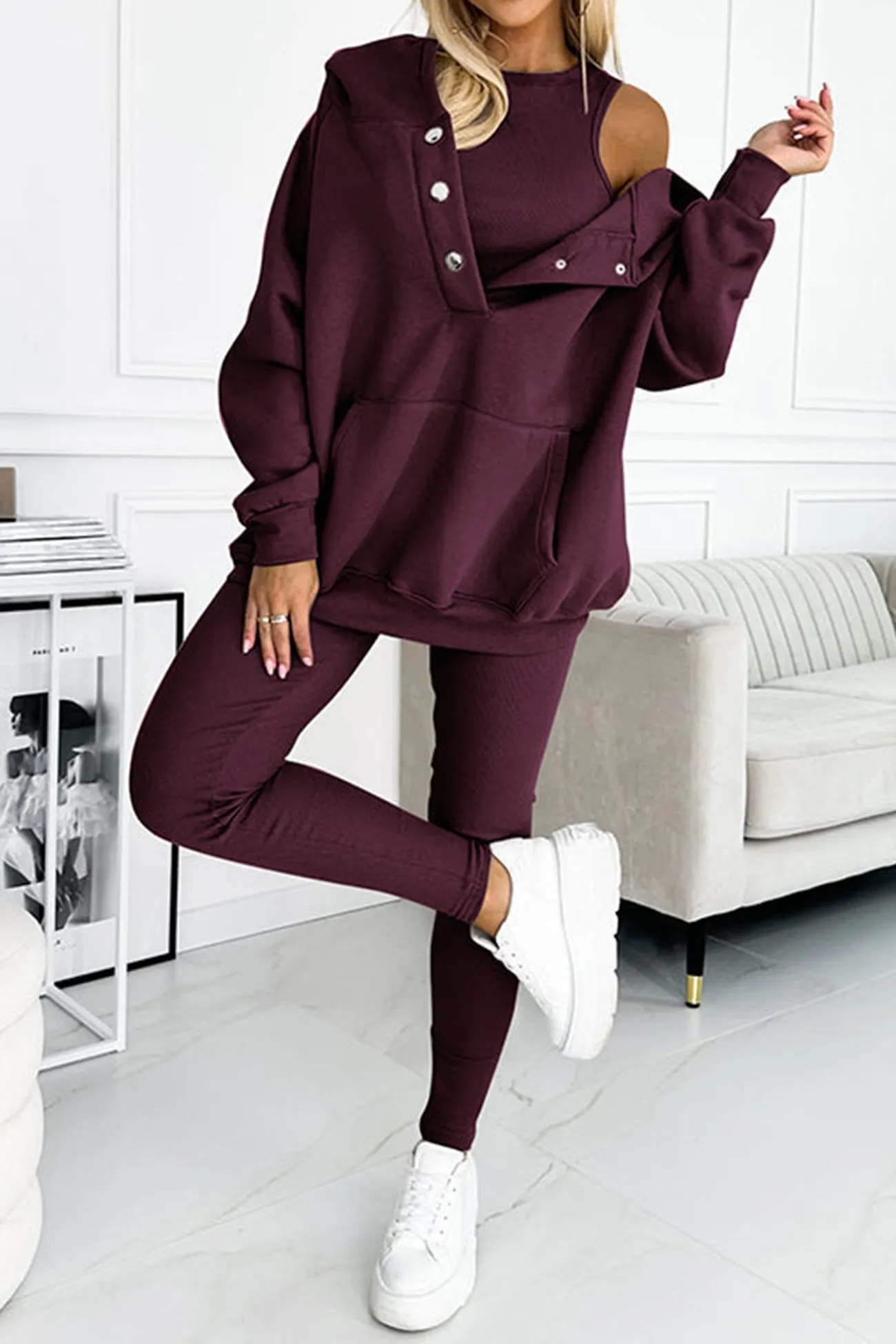 Maxct Solid Hoodie Tank Top Three-piece Pants Suits