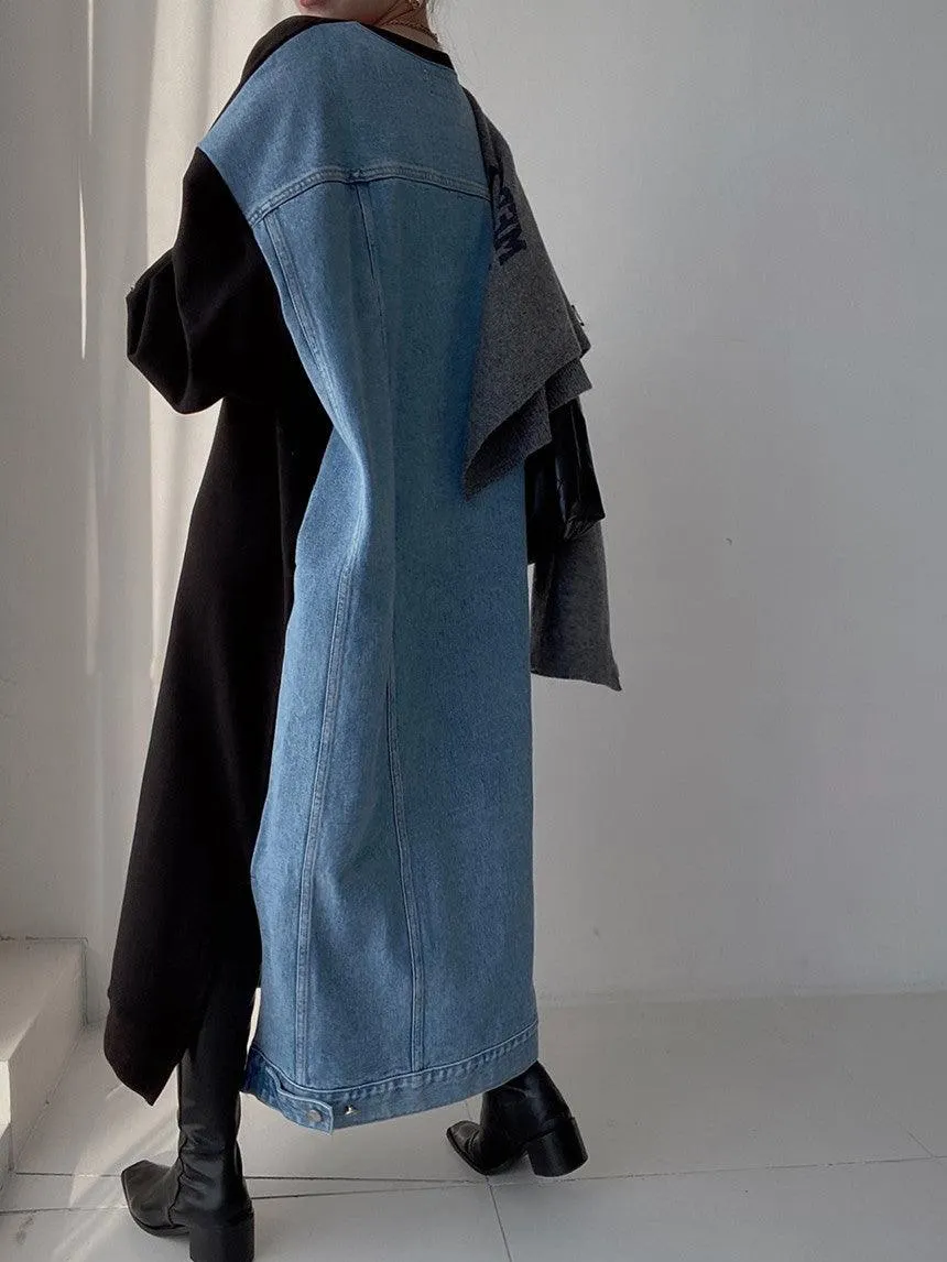 Maxct Simple Letter Print Denim Splt-joint Long Sleeve Sweatshirt Dress
