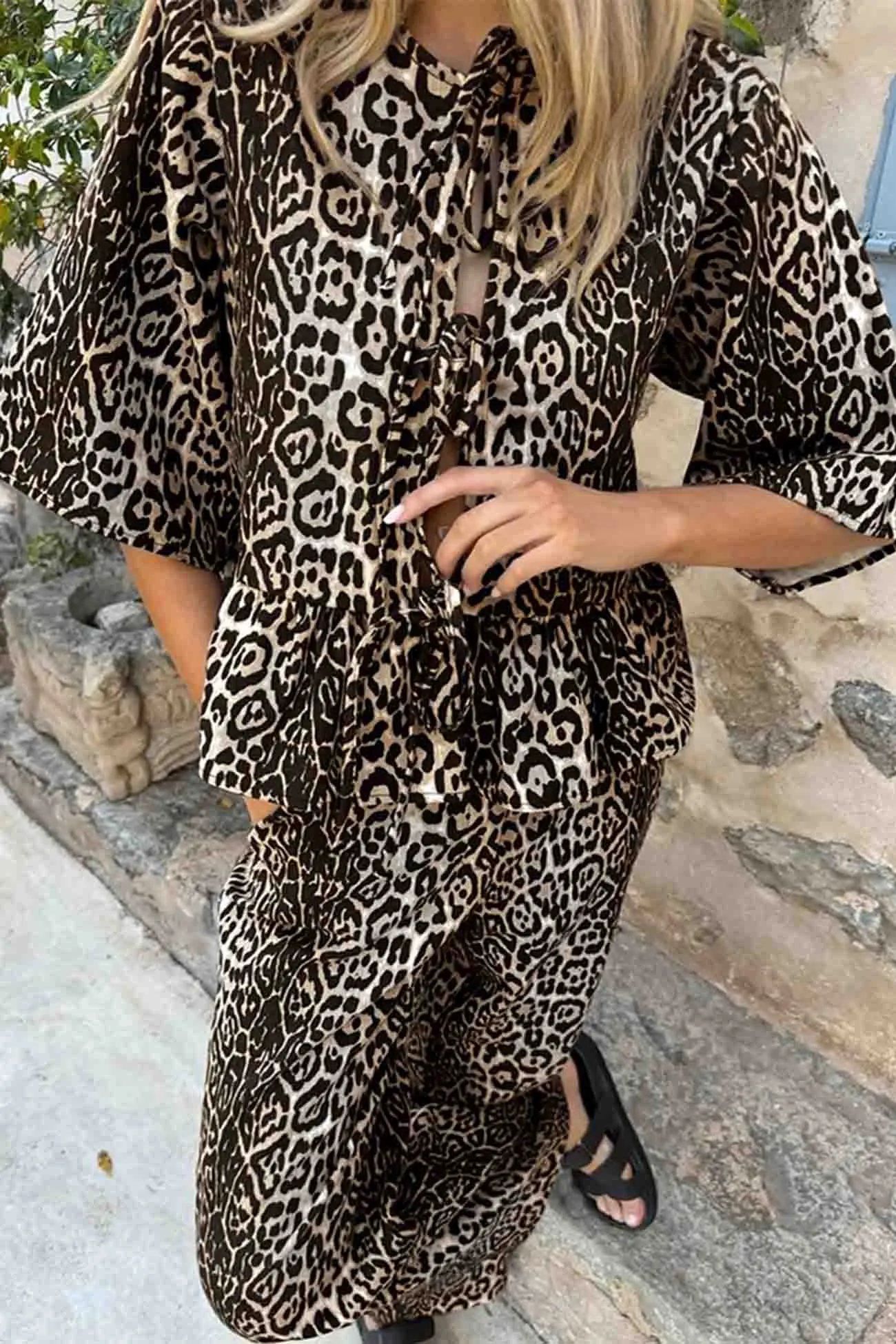 Maxct Leopard Printed Lace Up Long Pants Set