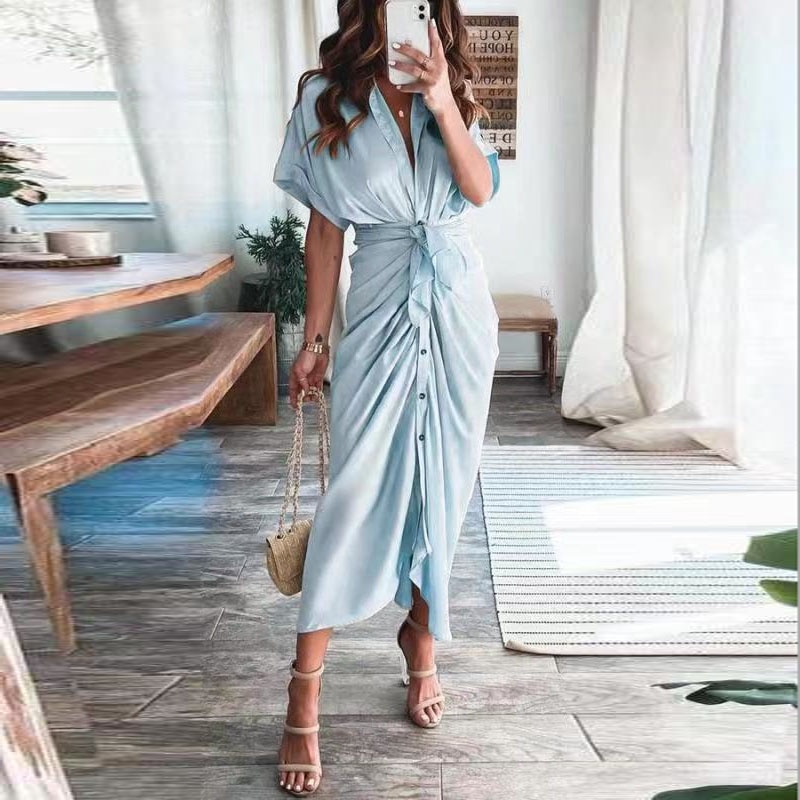 Maxct Short Sleeve Spring Dresses Fashion Summer Turn-down Collar Women Party Dress Elegant Button Office Lady Shirt Dress