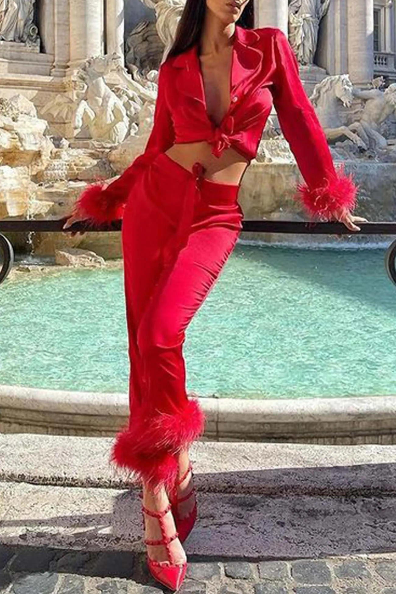 Maxct Lapel Feather Hem Two-piece Pants Set