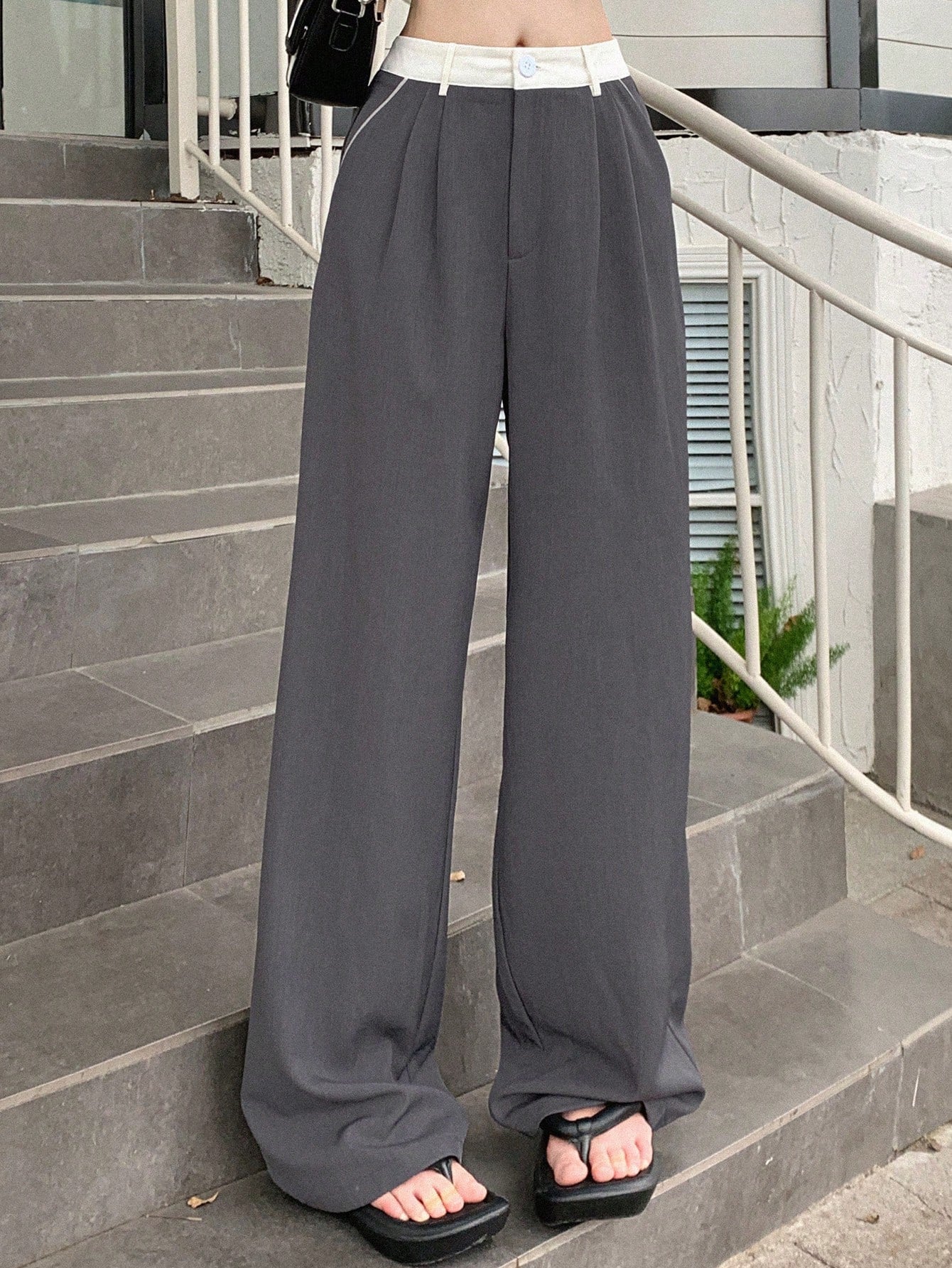 Maxct Women Colorblock Pleated Wide Leg Casual Suit Pants With Pockets - Image 4