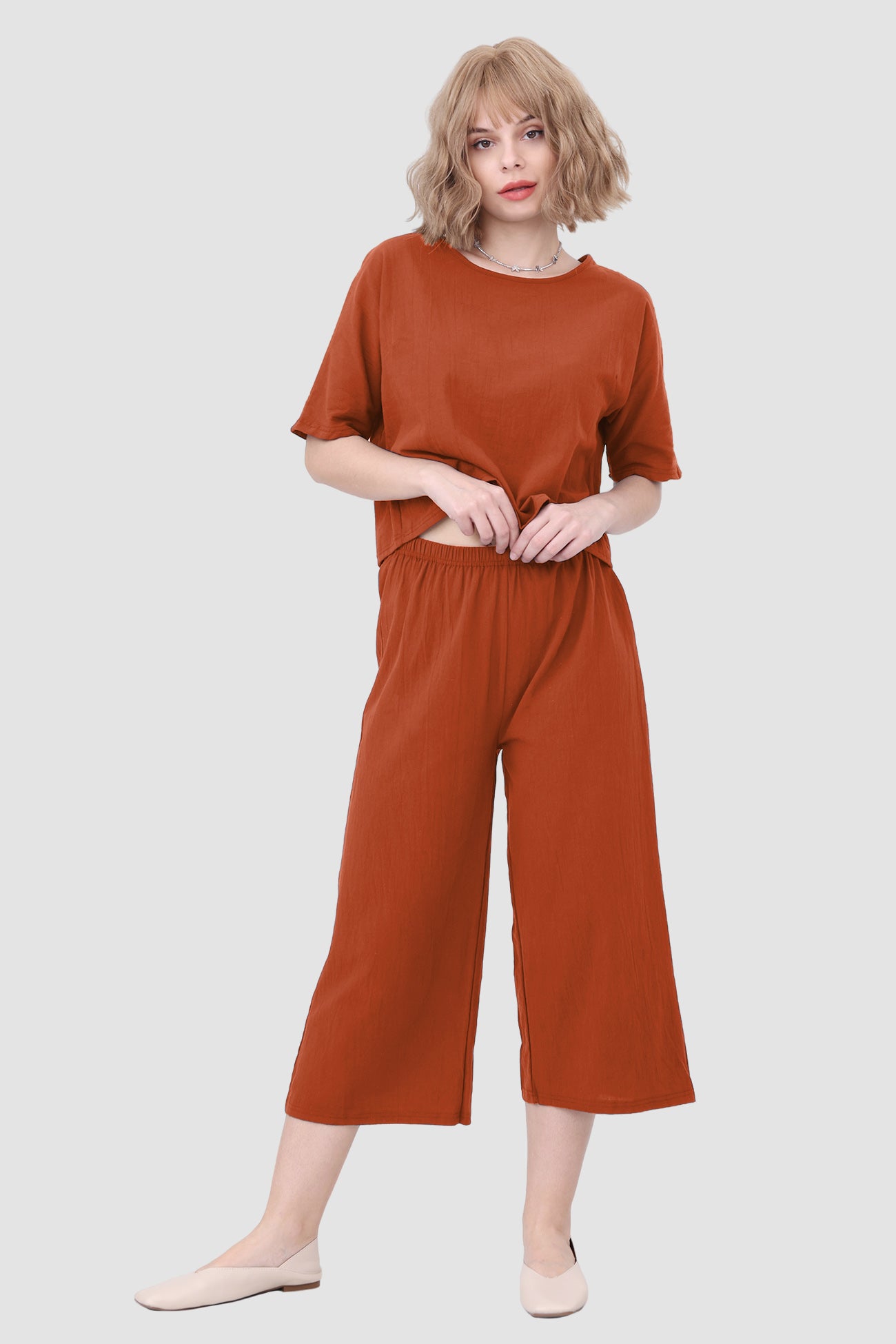Maxct Solid Short Sleeve Top & Elastic Waist Pants