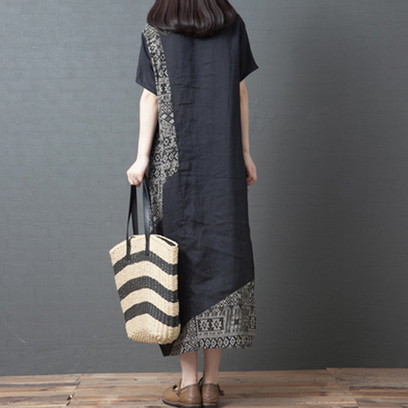 Spring Cotton Linen Loose Color Block A-Line Dress