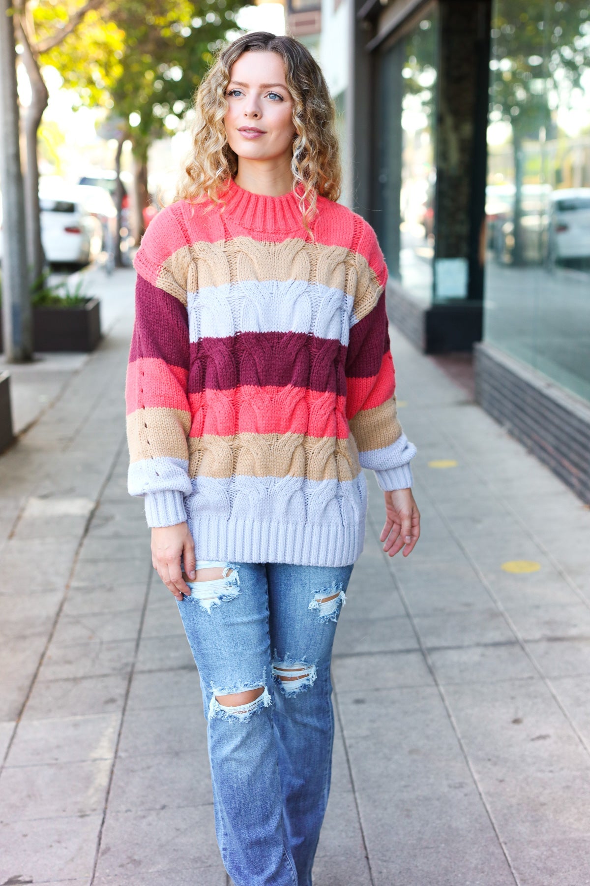 Maxct &Fall For You Rust Multicolor Stripe Cable Knit Mock Neck Sweater