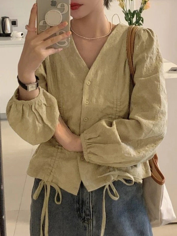 Maxct Lace Up Button Front Long Sleeve Blouse