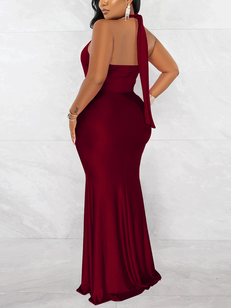 Halter Ruched Maxi Dress Maxct