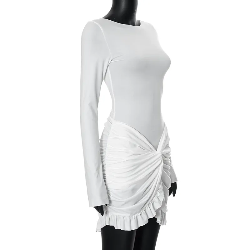 Ruffled Twist Skinny MIni Dress Long Sleeve Patchwork High Waist Party Dress FeY2k Bodycon Dress