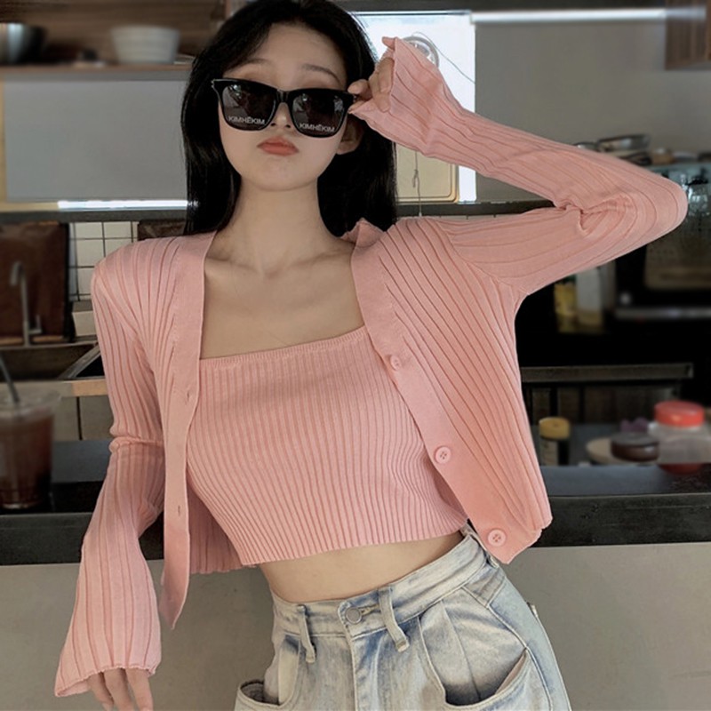Maxct Set Sling Short Knitted Cardigan For Woman Sweaters Femme Chandails Pull Over Tops