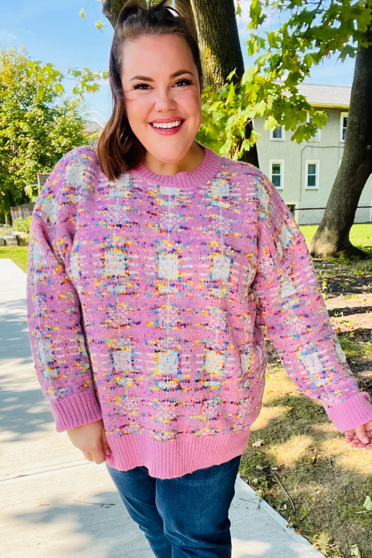 Maxct &Adorable Pink Multicolor Popcorn Knit Sweater