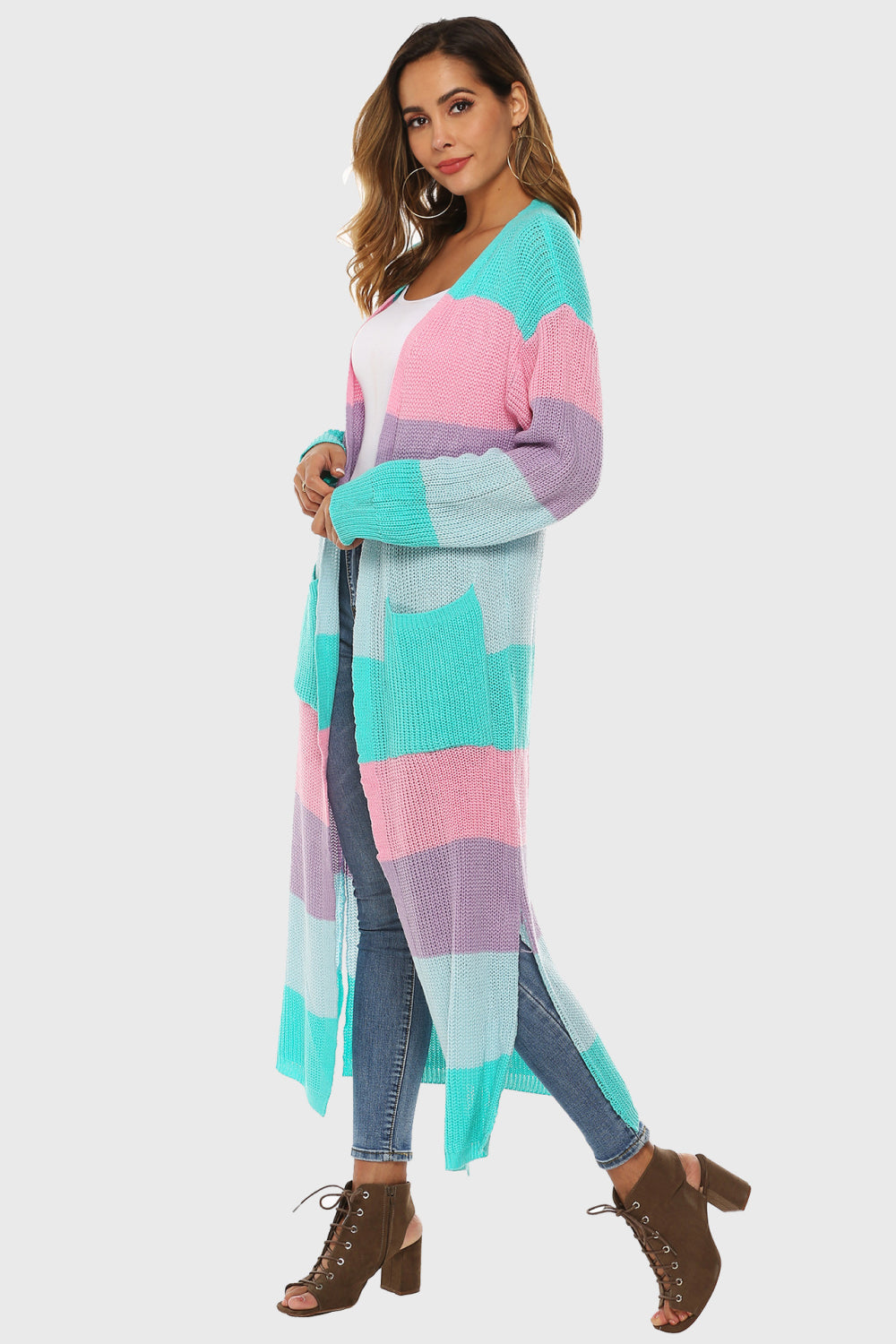 Maxct &Color Block Long Sleeve Pocketed Cardigan